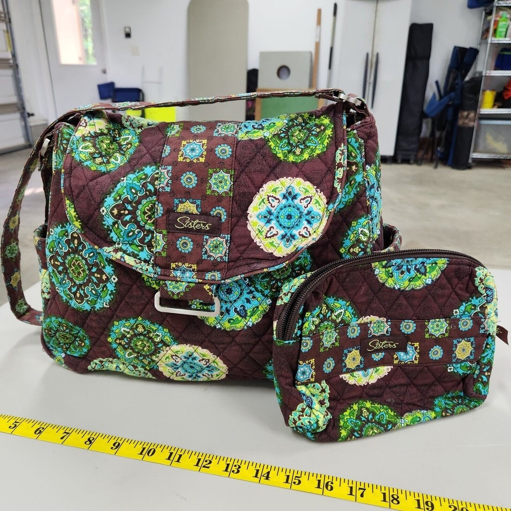 Longaberger Sisters Lexie Quilted Reversible Tote & Makeup Bag Adorn Brown Green
